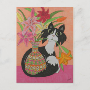 Tuxedo Cat med Lilies Vykort