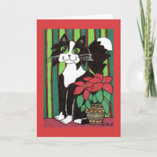 Tuxedo Cat med Poinsettia Helgkort