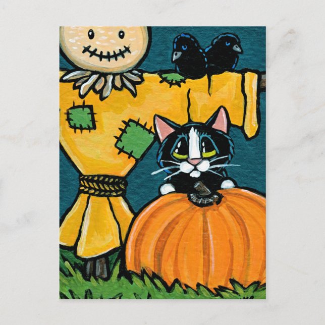 Tuxedo Cat med Pumpkin och Fågelskrämma Illustrati Vykort (Framsida)