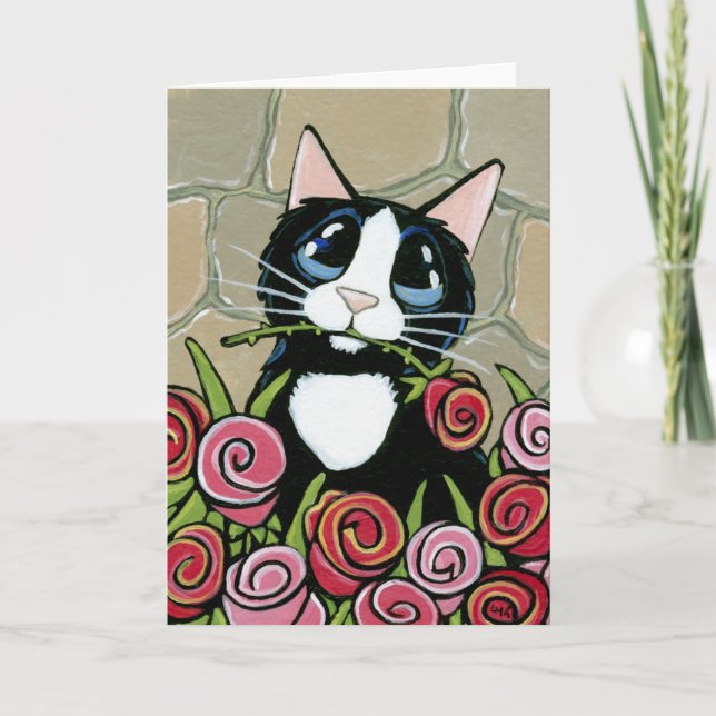 Tuxedo Cat med Red & Rosa ros Greeting Card Kort (Framsida)