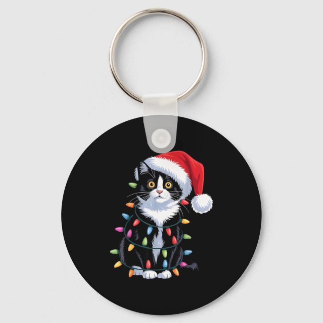Tuxedo Cat Meow Santa Tuxie Christmas Tree  Nyckelring (Framsida)