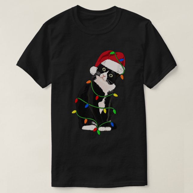 Tuxedo Cat Meow Santa Tuxie Julgran Ljus T Shirt (Design framsida)