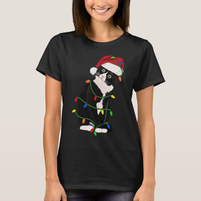 Tuxedo Cat Meow Santa Tuxie Julgran Ljus T Shirt (Framsida)