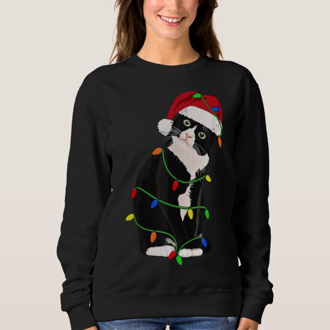 Tuxedo Cat Meow Santa Tuxie Julgran Ljus T Shirt (Framsida)