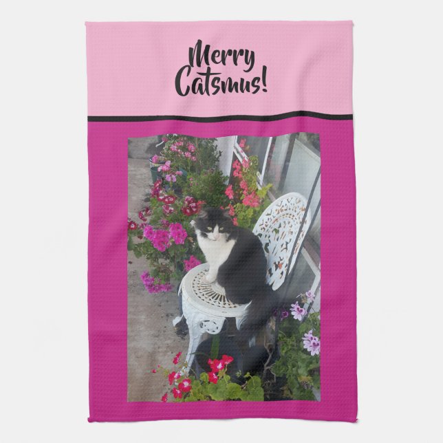 Tuxedo Cat Merry Catsmus Pink Christmas Cats Kökshandduk (Vertikal)
