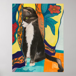 Tuxedo Cat och Embroiderade gardiner Poster
