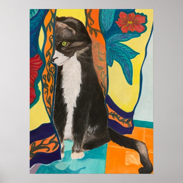 Tuxedo Cat och Embroiderade gardiner Poster (Framsidan)