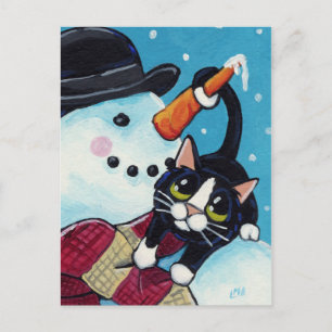 Tuxedo Cat och gentleman Snögubbe vykort