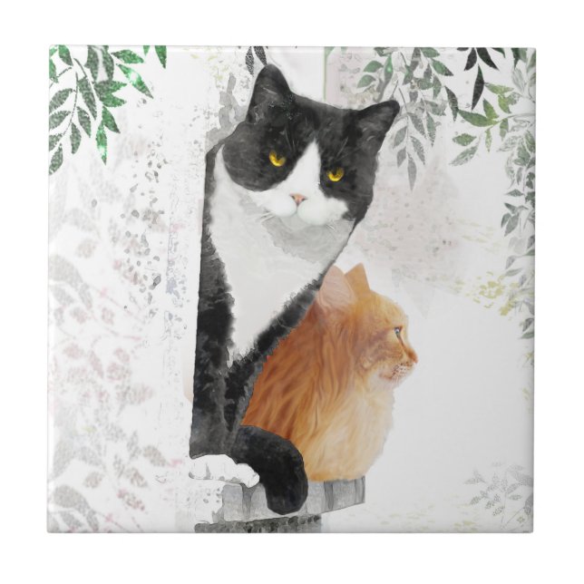 Tuxedo Cat och Ginger Cat Hanging Out Ceramic Tile Kakelplatta (Framsidan)