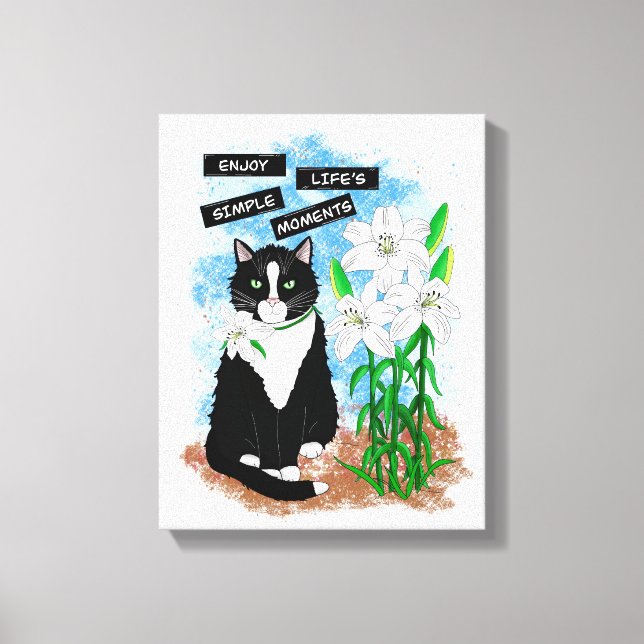Tuxedo Cat och Lilies | Inspirationsoffert Canvastryck (Framsida)