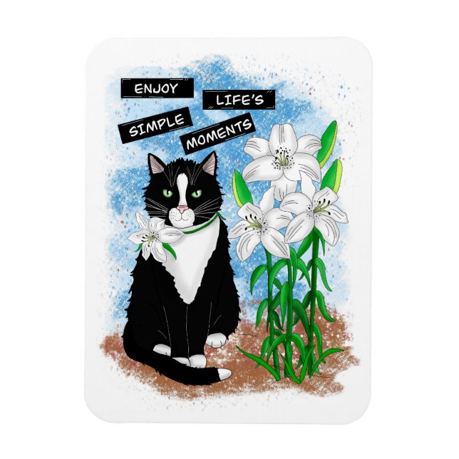 Tuxedo Cat och Lilies | Inspirationsoffert Magnet (Vertikal)