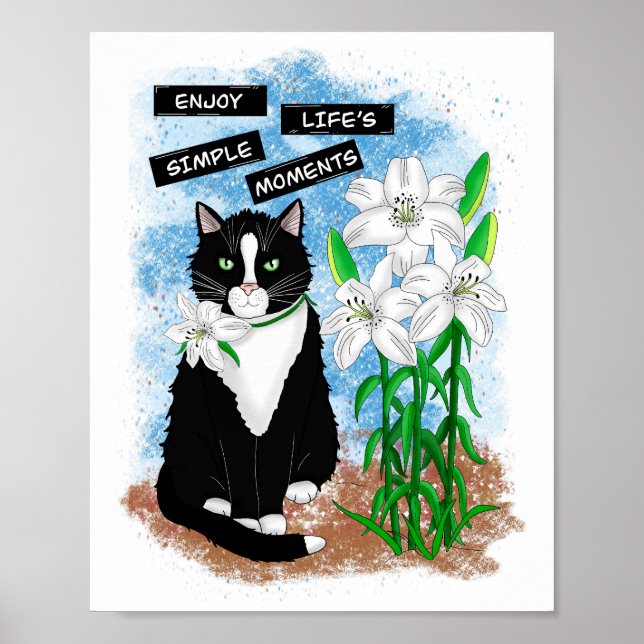 Tuxedo Cat och Lilies | Inspirationsoffert Poster (Framsidan)