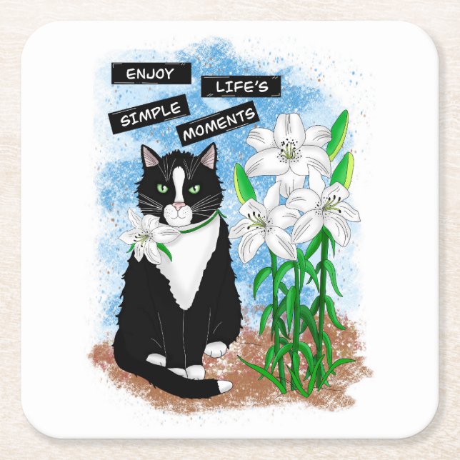 Tuxedo Cat och Lilies | Inspirationsoffert Underlägg Papper Kvadrat (Framsidan)