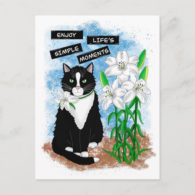 Tuxedo Cat och Lilies | Inspirationsoffert Vykort (Framsida)