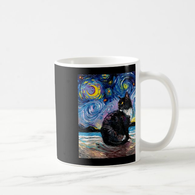 Tuxedo Cat on Beach Starry Natt Impressionist Art Kaffemugg (Höger)