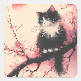 Tuxedo Cat on Cherry Blommar Japansk estetisk Fyrkantigt Klistermärke