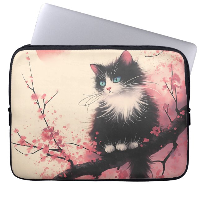 Tuxedo Cat on Cherry Blommar Japansk estetisk Laptop Fodral (Framsidan)