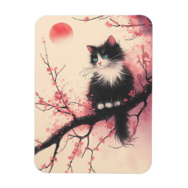 Tuxedo Cat on Cherry Blommar Japansk estetisk Magnet
