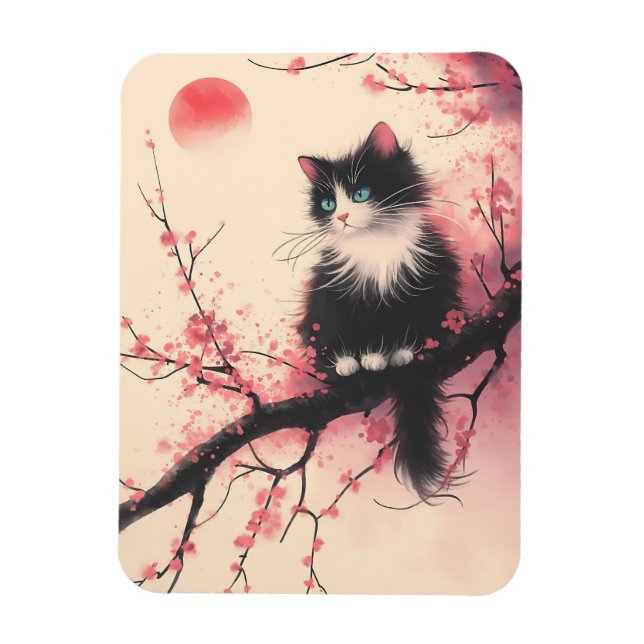 Tuxedo Cat on Cherry Blommar Japansk estetisk Magnet (Vertikal)