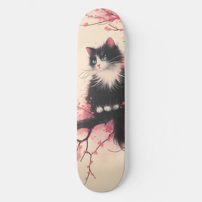 Tuxedo Cat on Cherry Blommar Japansk estetisk Mini Skateboard Bräda 18,5 Cm (Framsida)