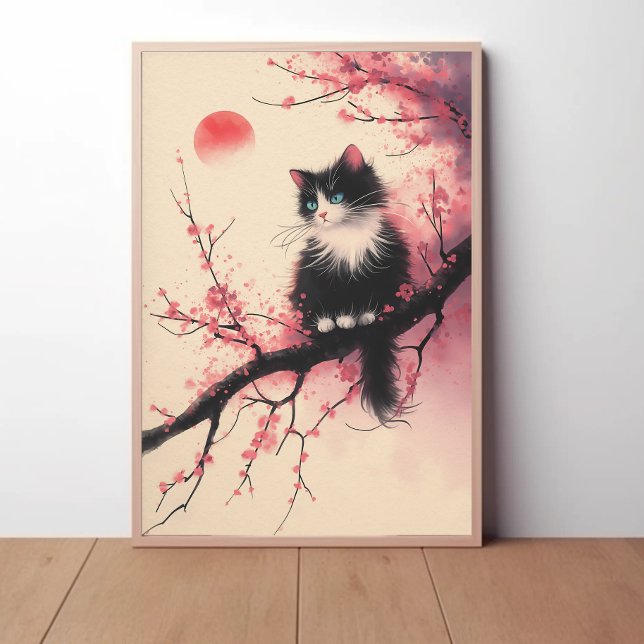 Tuxedo Cat on Cherry Blommar Japansk estetisk Poster (Skapare uppladdad)