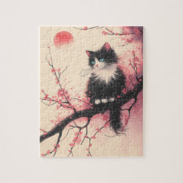 Tuxedo Cat on Cherry Blommar Japansk estetisk Pussel