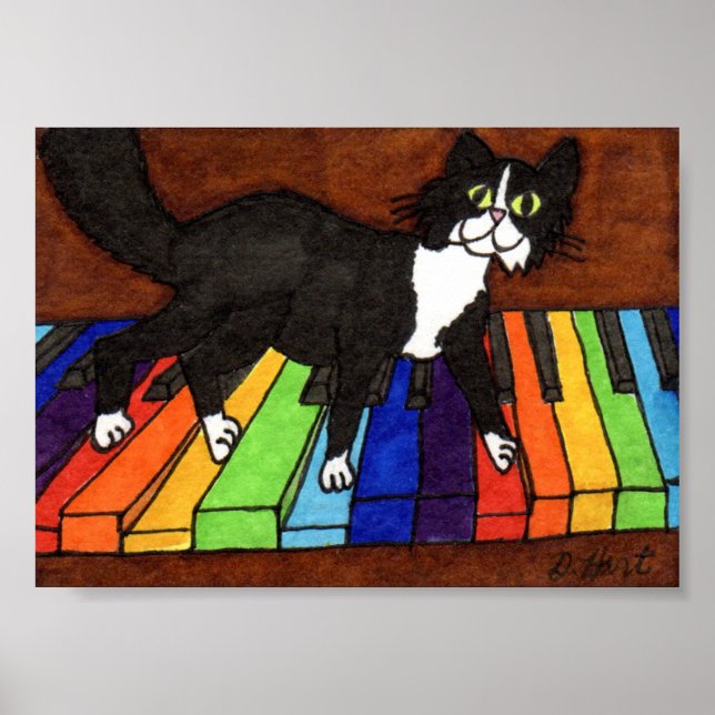 Tuxedo Cat on Rainbow Piano Mini Folk Art Poster (Framsidan)