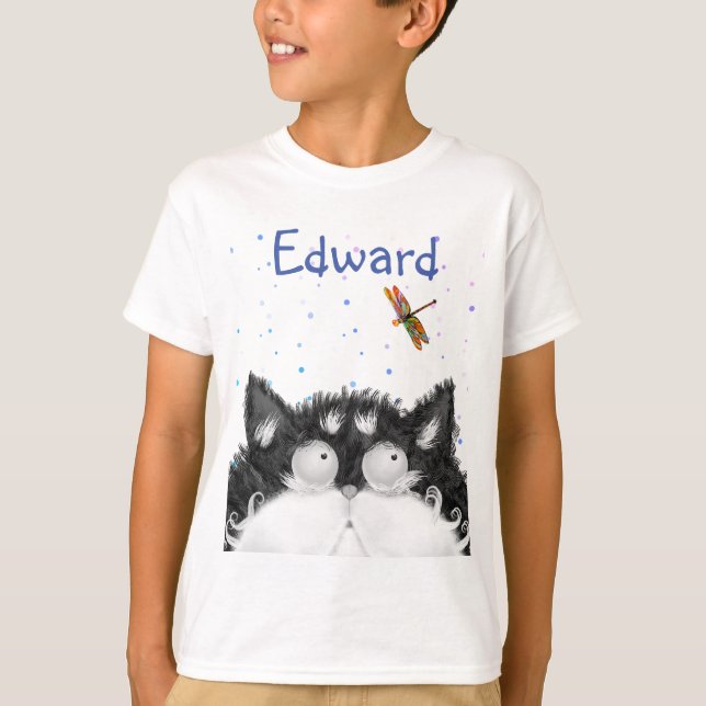 Tuxedo Cat överraskad av Dragonfly T Shirt (Framsida)