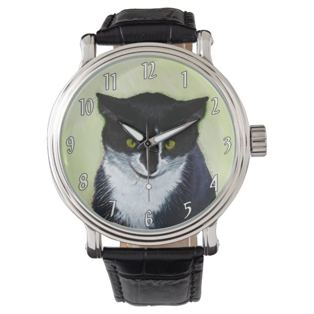 Tuxedo Cat Painting - Cute Original Cat Art Armbandsur (Framsida)