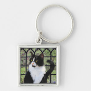 Tuxedo Cat Painting - Cute Original Cat Art Fyrkantig Silverfärgad Nyckelring