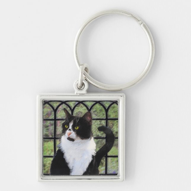 Tuxedo Cat Painting - Cute Original Cat Art Fyrkantig Silverfärgad Nyckelring (Framsidan)