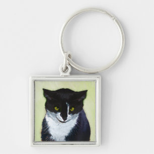 Tuxedo Cat Painting - Cute Original Cat Art Fyrkantig Silverfärgad Nyckelring
