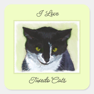 Tuxedo Cat Painting - Cute Original Cat Art Fyrkantigt Klistermärke