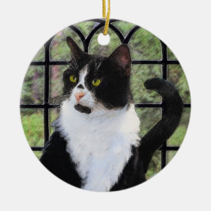 Tuxedo Cat Painting - Cute Original Cat Art Julgransprydnad Keramik