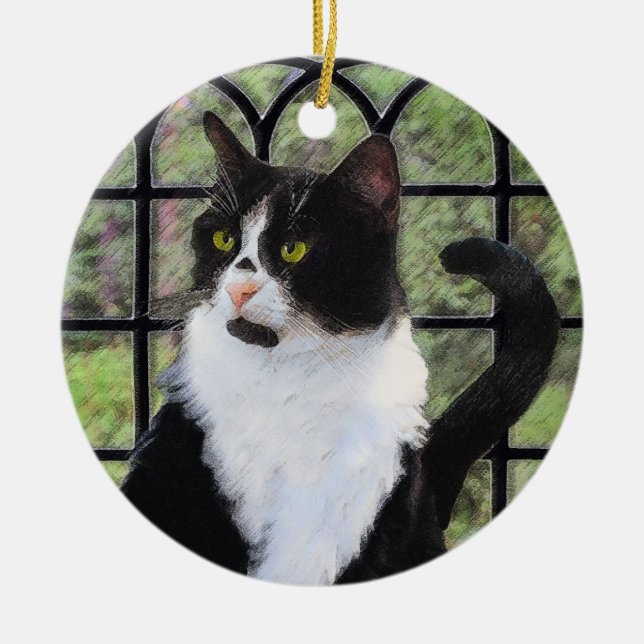 Tuxedo Cat Painting - Cute Original Cat Art Julgransprydnad Keramik (Framsidan)