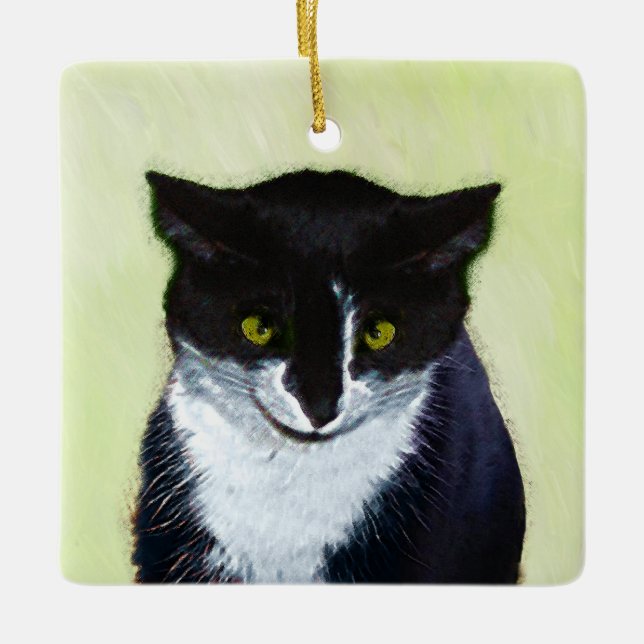 Tuxedo Cat Painting - Cute Original Cat Art Julgransprydnad Keramik (Framsida)