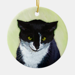 Tuxedo Cat Painting - Cute Original Cat Art Julgransprydnad Keramik