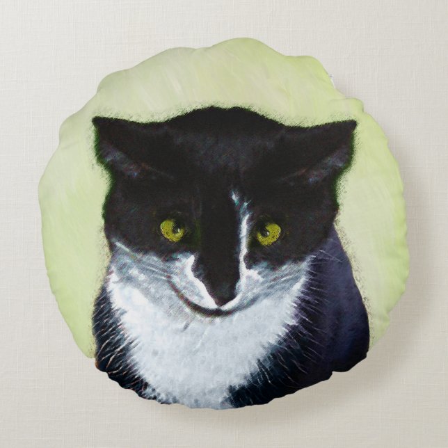Tuxedo Cat Painting - Cute Original Cat Art Rund Kudde (Baksidan)