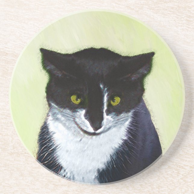 Tuxedo Cat Painting - Cute Original Cat Art Underlägg Sandsten (Framsidan)