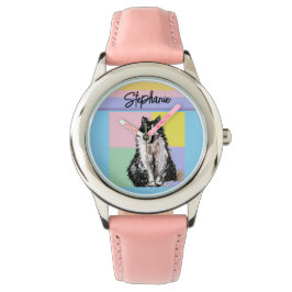 Tuxedo Cat Pastel Färg Rosa Girls Namn Armbandsur