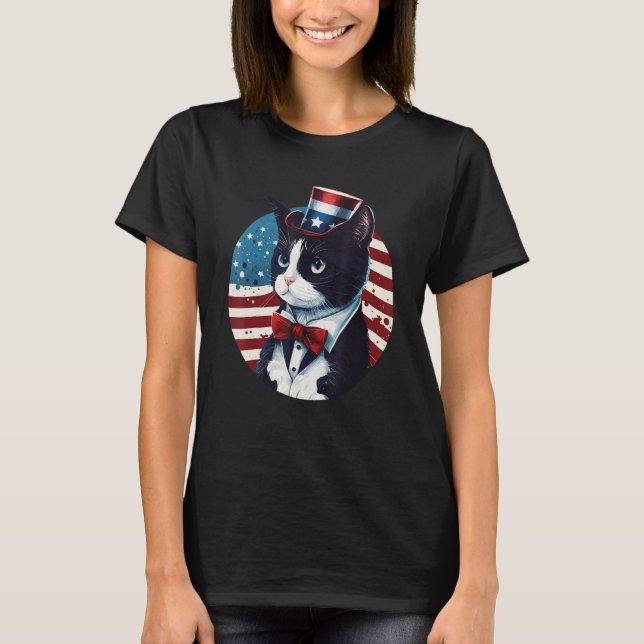 Tuxedo Cat Patriot USA 4th of July Men Women T Shirt (Framsida)