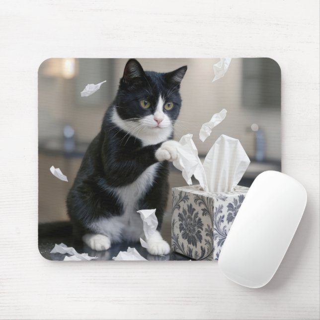Tuxedo Cat Playing with a Tissue Box Musmatta (Med mus)