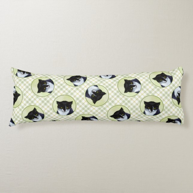 Tuxedo Cat Porträtt målning Cute Original Art Kroppskudde (Framsidan)