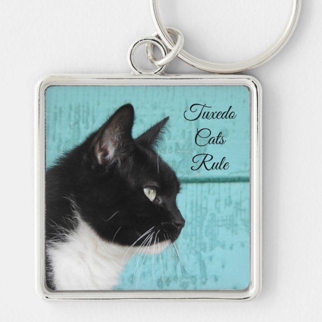Tuxedo Cat-profil på Teal Fyrkantig Silverfärgad Nyckelring (Framsidan)