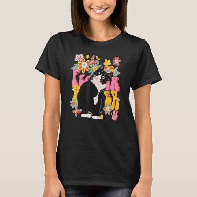 Tuxedo Cat Retro 60s 70:s Vibe Flowers Fredstecken T Shirt (Framsida)
