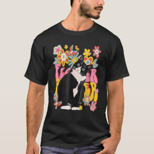 Tuxedo Cat Retro 60s 70:s Vibe Flowers Fredstecken T Shirt