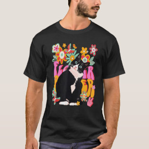Tuxedo Cat Retro 60s 70:s Vibe Flowers Fredstecken T Shirt