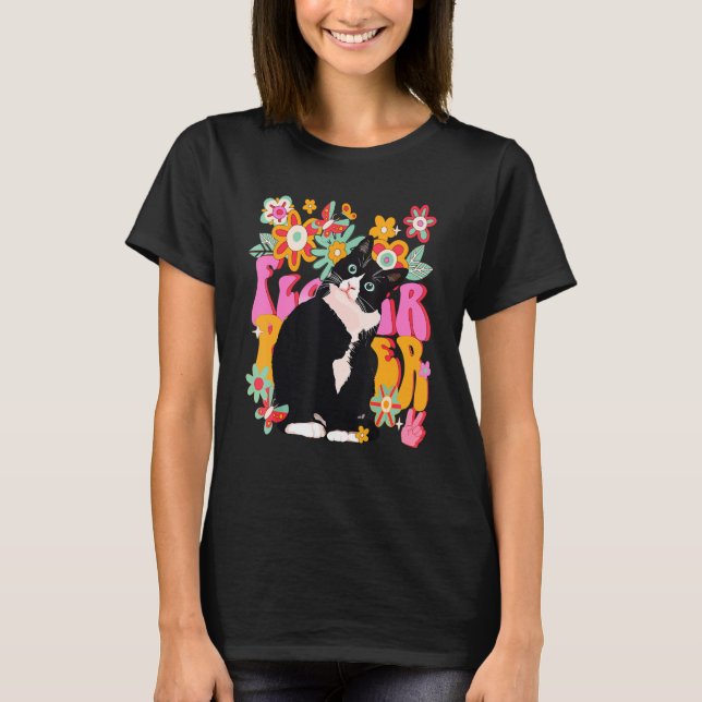 Tuxedo Cat Retro 60s 70:s Vibe Flowers Fredstecken T Shirt (Framsida)