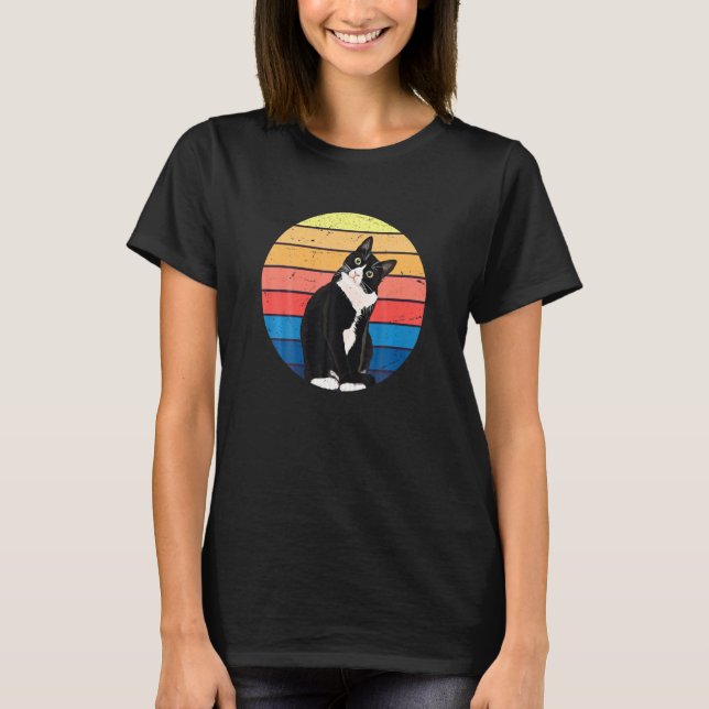 Tuxedo Cat Retro Färg för Djur älskare T Shirt (Framsida)