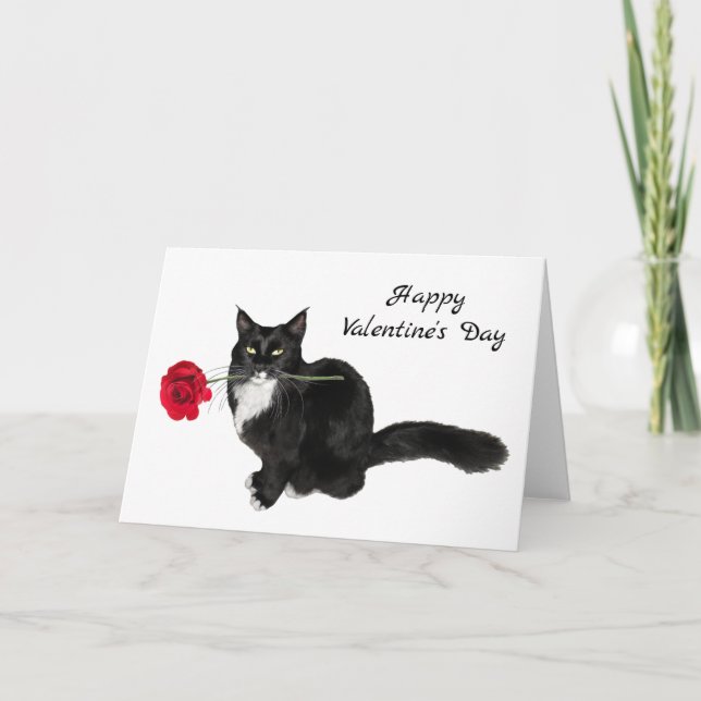 Tuxedo Cat Röd ros Valentine Day Card Helgkort (Framsida)